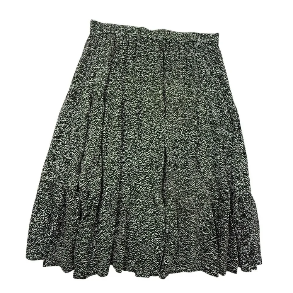 Talbots Tiered Prairie Skirt Women Large Black White Button Front Bohemian Midi